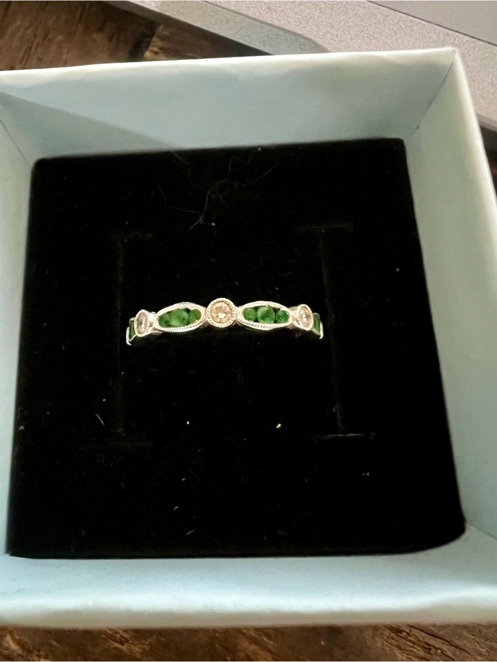 18K WG Emerald and Diamond stacking band ring - Size 7